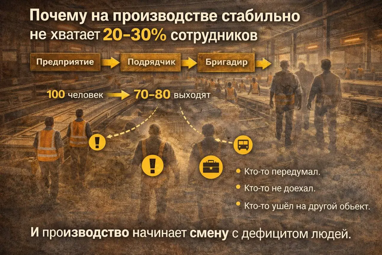 Почему на производстве стабильно не хватает 20–30% сотрудников
Практически на каждом производстве есть одна закономерность.
Если заявка на смену — 100 человек,
фактически выходит 70–80 | Сетка — социальная сеть от hh.ru