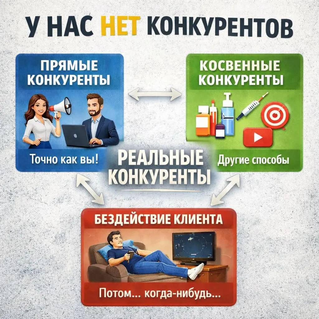 «У нас нет конкурентов».
Всегда улыбаюсь на это заявление😊
Ведь если посмотреть на это глазами маркетинга, почти всегда оказывается, что конкуренты всё-таки есть. Просто они могут быть другого типа | Сетка — социальная сеть от hh.ru