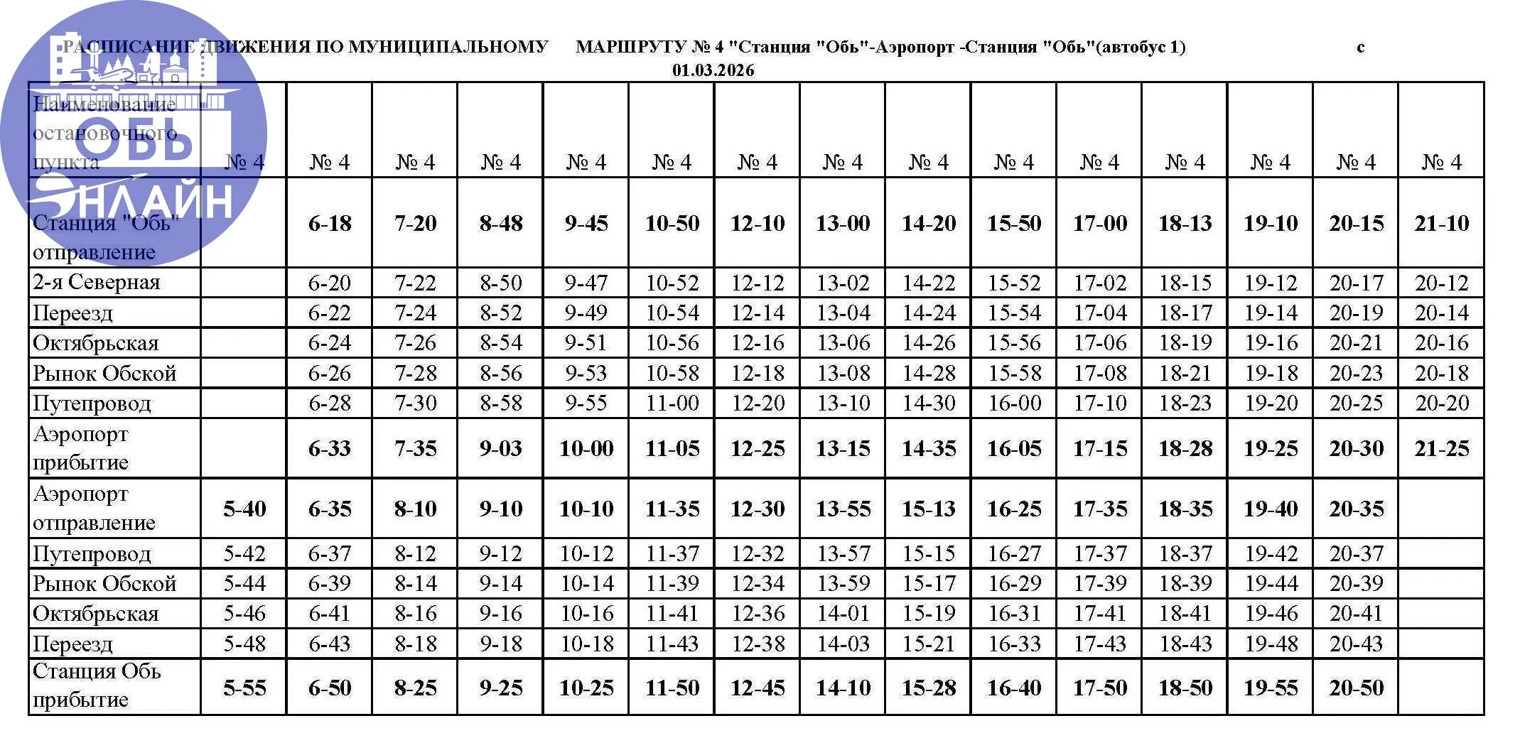 ↗ Внимание, уважаемые пассажиры!
С 1 марта 2026 года маршрут № 4 ("Станция Обь – Аэропорт Толмачево") обзавёлся новым расписанием | Сетка — социальная сеть от hh.ru