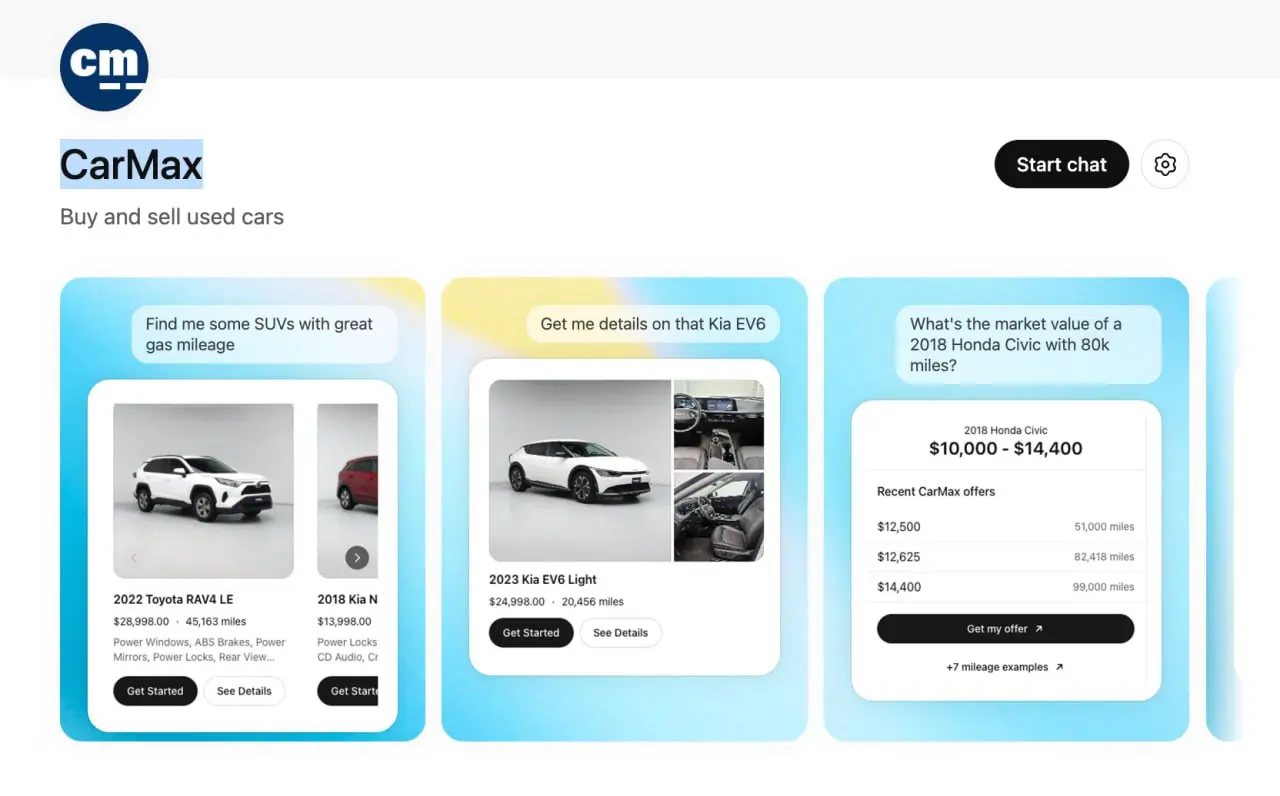 CarMax запустил приложение в ChatGPT. И это уже не просто PR-новость
CarMax стал первым автопродавцом в США, который запустил своё приложение в ChatGPT App Store | Сетка — социальная сеть от hh.ru