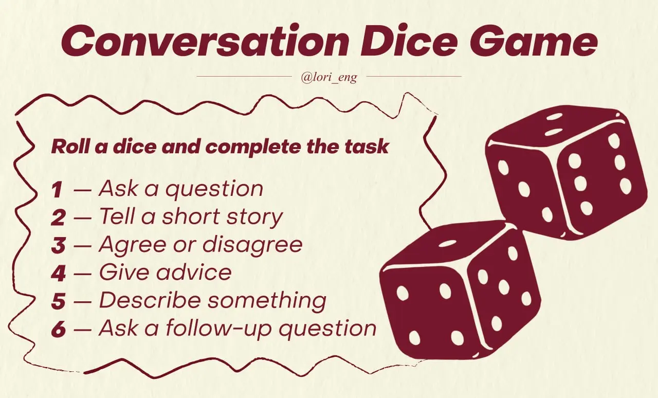 Speaking activity - Roll the dice 🎲
Универсальное задание на случай, когда до конца урока осталось пару минут.
1 - Ask a question
Ask your teacher/partner any question | Сетка — социальная сеть от hh.ru