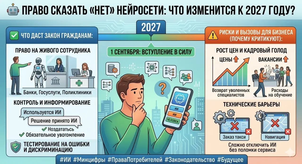 🤖 Право сказать «нет» нейросети: что изменится к 2027 году?
Минцифры готовит законопроект, который может кардинально изменить наше общение с банками, поликлиниками и госорганами | Сетка — социальная сеть от hh.ru