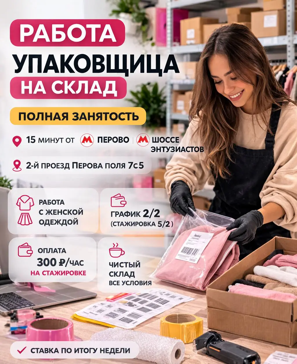 УПАКОВЩИЦА НА СКЛАД
От 300₽/ч
склад
• Москва, м. Перово, Шоссе Энтузиастов, 2-й проезд Перова поля 7с5
• Упаковка и фасовка
• @XzXz4e
В этом посте были ссылки, но мы их удалили по правилам Сетки | Сетка — социальная сеть от hh.ru