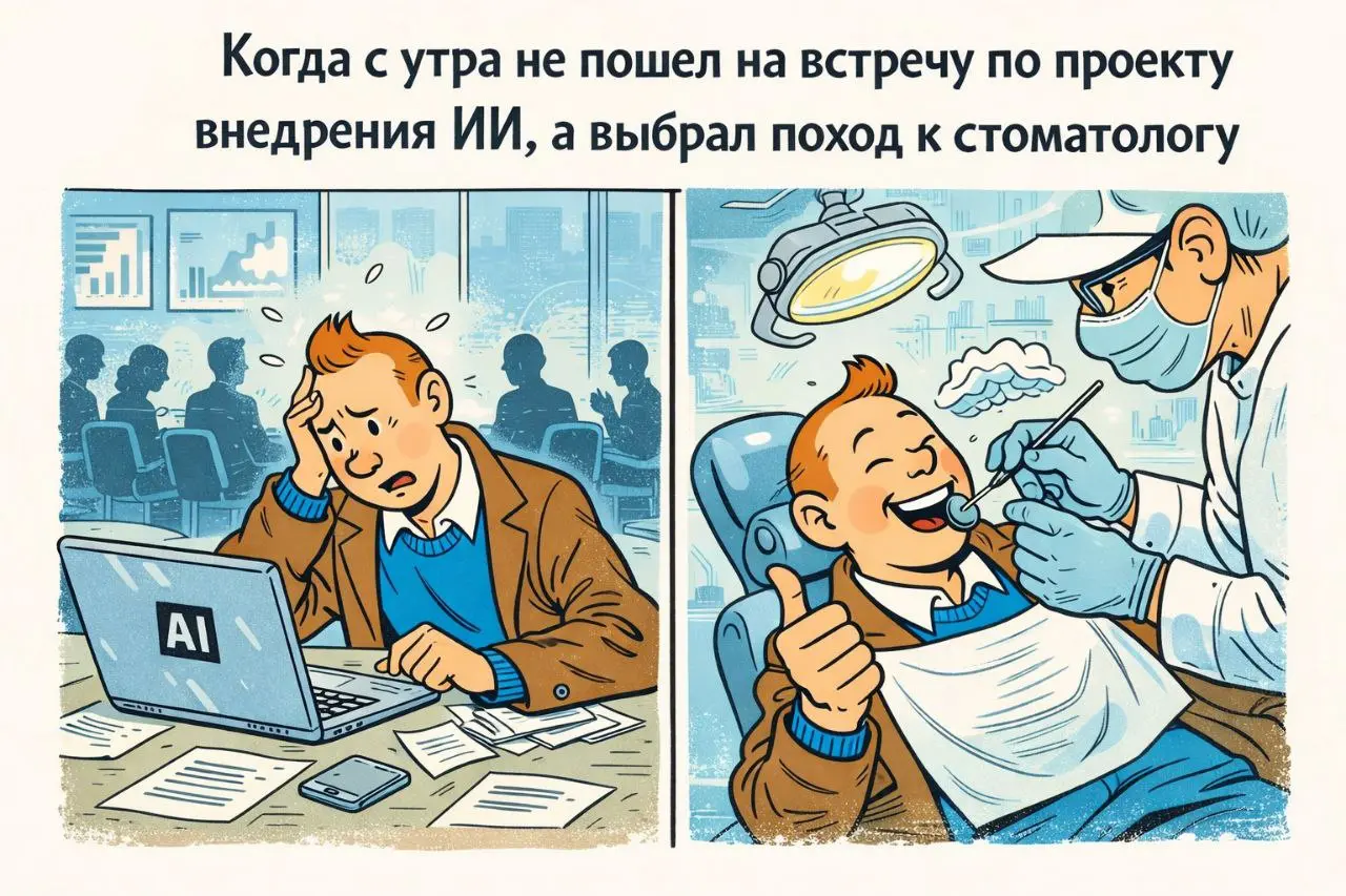 Такой день, когда с самого утра выбрал приоритет в пользу похода к стоматологу, а не на встречу по ИИ, выбрал быть счастливым так сказать 💀
А если серьезно, то за последние несколько лет тема внедрени... | Сетка — социальная сеть от hh.ru