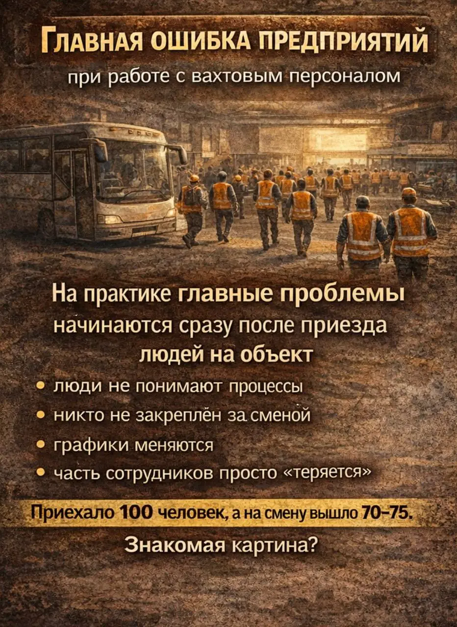 Главная ошибка предприятий при работе с вахтовым персоналом
На многих производствах думают так:
главное — привезти людей на объект.
Дальше они сами начнут работать | Сетка — социальная сеть от hh.ru