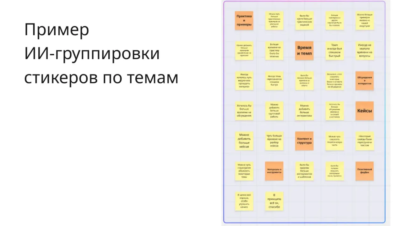 Обработка ИИ обратной связи Miro VS ChatGPT
В Миро теперь ИИ работает. И лучше всего он справляется со стикерами | Сетка — социальная сеть от hh.ru