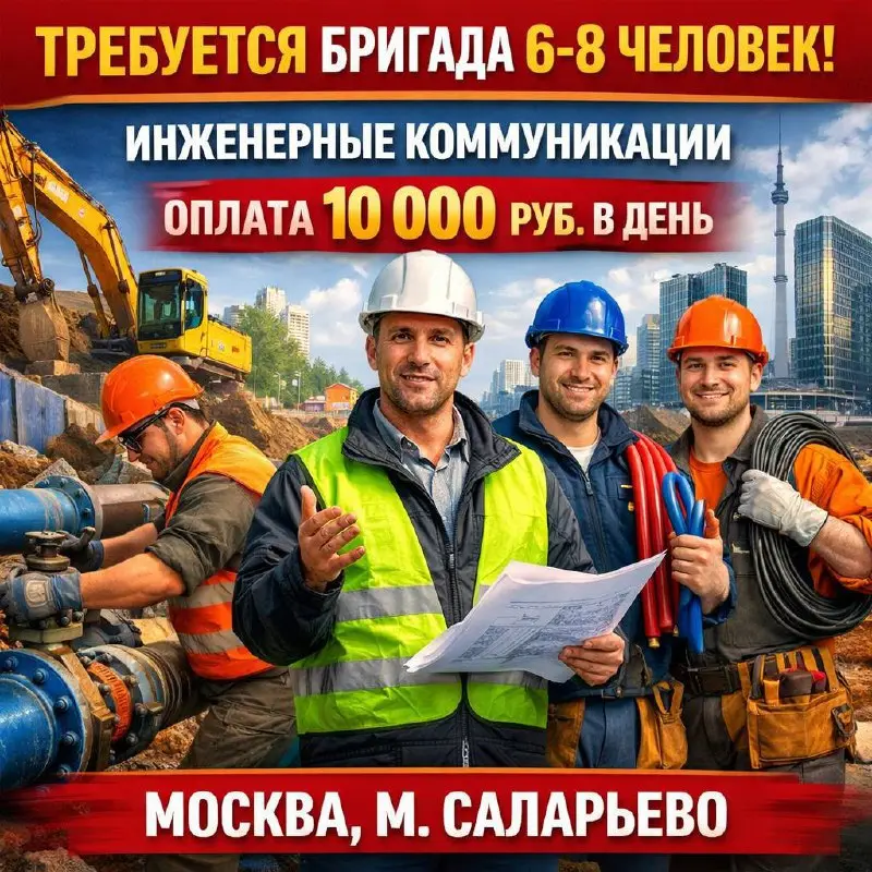 БРИГАДА СПЕЦИАЛИСТОВ ПО НАРУЖНЫМ И ВНУТРЕННИМ ИНЖЕНЕРНЫМ КОММУНИКАЦИЯМ
От 10 000₽
Прямой работодатель
• Москва, м | Сетка — социальная сеть от hh.ru