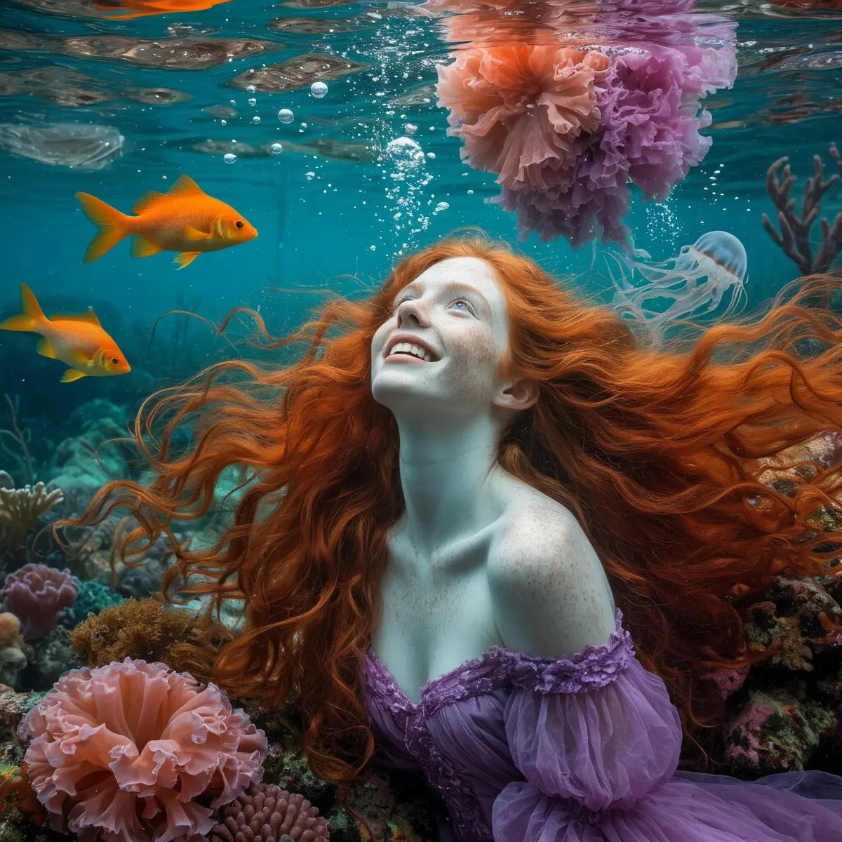 Вбиваю в нейросеть: Roversi, прерафаэлиты, Офелия, рыжие волосы, фиолетовые разводы, корабль, рыбы, пузырьки
Получается она.
Сначала плывет к останкам корабля. Потом выходит на берег. Садится рядом | Сетка — социальная сеть от hh.ru