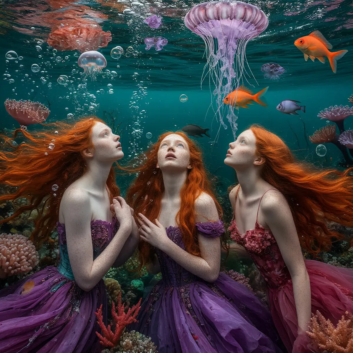 Вбиваю в нейросеть: Roversi, прерафаэлиты, Офелия, рыжие волосы, фиолетовые разводы, корабль, рыбы, пузырьки
Получается она.
Сначала плывет к останкам корабля. Потом выходит на берег. Садится рядом | Сетка — социальная сеть от hh.ru