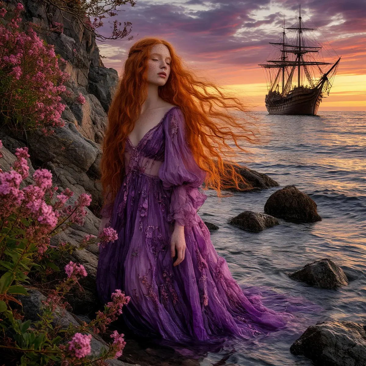 Вбиваю в нейросеть: Roversi, прерафаэлиты, Офелия, рыжие волосы, фиолетовые разводы, корабль, рыбы, пузырьки
Получается она.
Сначала плывет к останкам корабля. Потом выходит на берег. Садится рядом | Сетка — социальная сеть от hh.ru