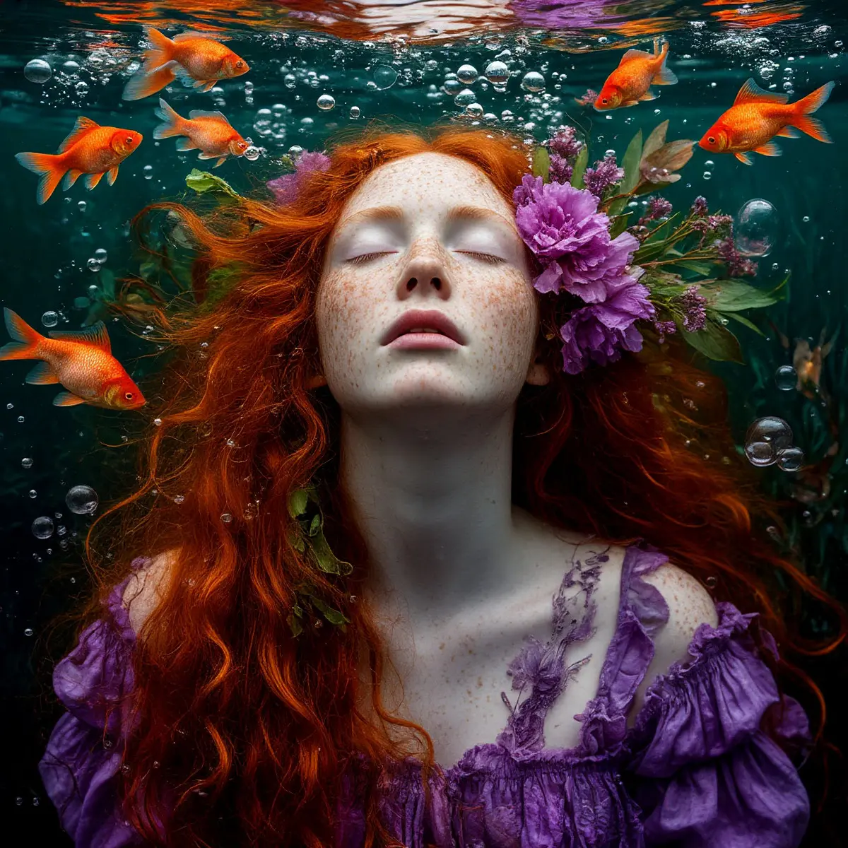 Вбиваю в нейросеть: Roversi, прерафаэлиты, Офелия, рыжие волосы, фиолетовые разводы, корабль, рыбы, пузырьки
Получается она.
Сначала плывет к останкам корабля. Потом выходит на берег. Садится рядом | Сетка — социальная сеть от hh.ru