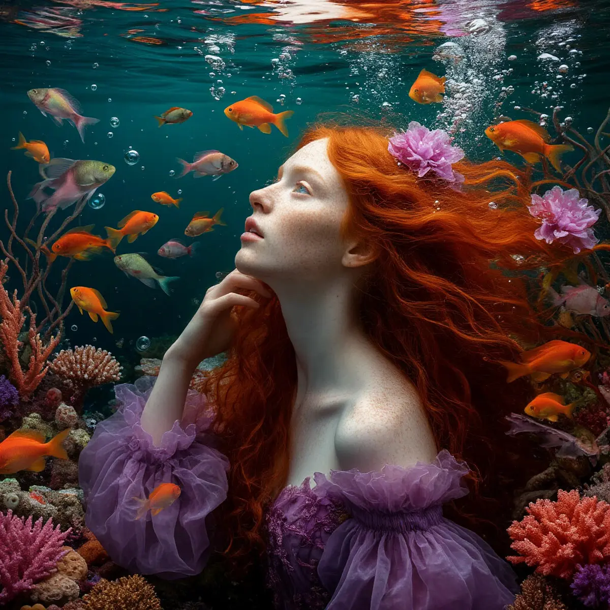 Вбиваю в нейросеть: Roversi, прерафаэлиты, Офелия, рыжие волосы, фиолетовые разводы, корабль, рыбы, пузырьки
Получается она.
Сначала плывет к останкам корабля. Потом выходит на берег. Садится рядом | Сетка — социальная сеть от hh.ru