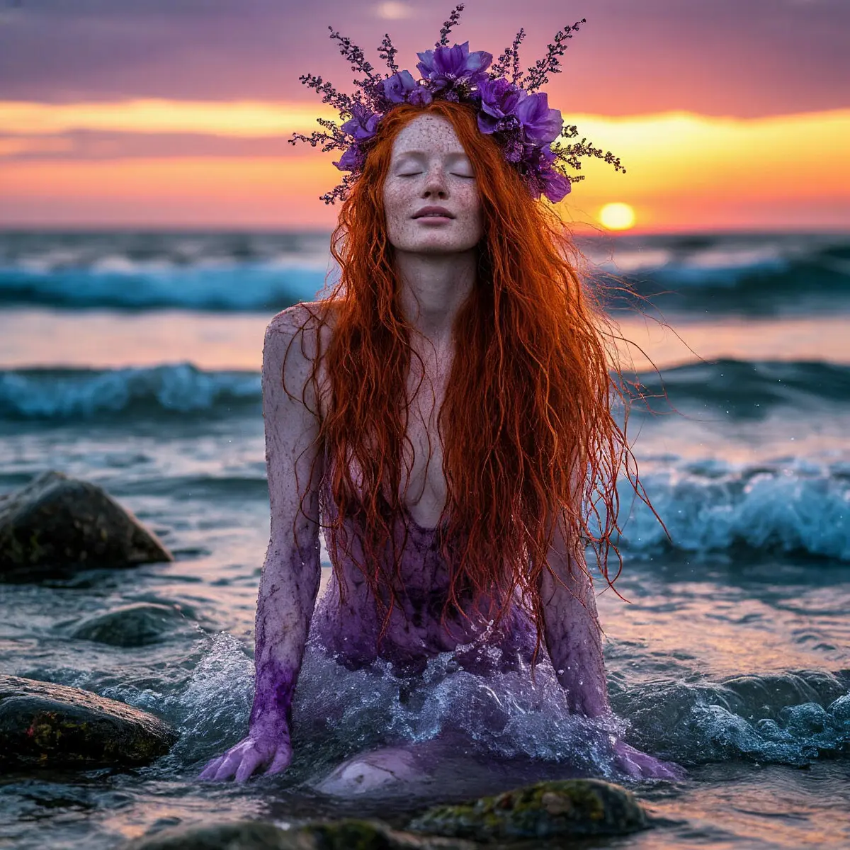 Вбиваю в нейросеть: Roversi, прерафаэлиты, Офелия, рыжие волосы, фиолетовые разводы, корабль, рыбы, пузырьки
Получается она.
Сначала плывет к останкам корабля. Потом выходит на берег. Садится рядом | Сетка — социальная сеть от hh.ru