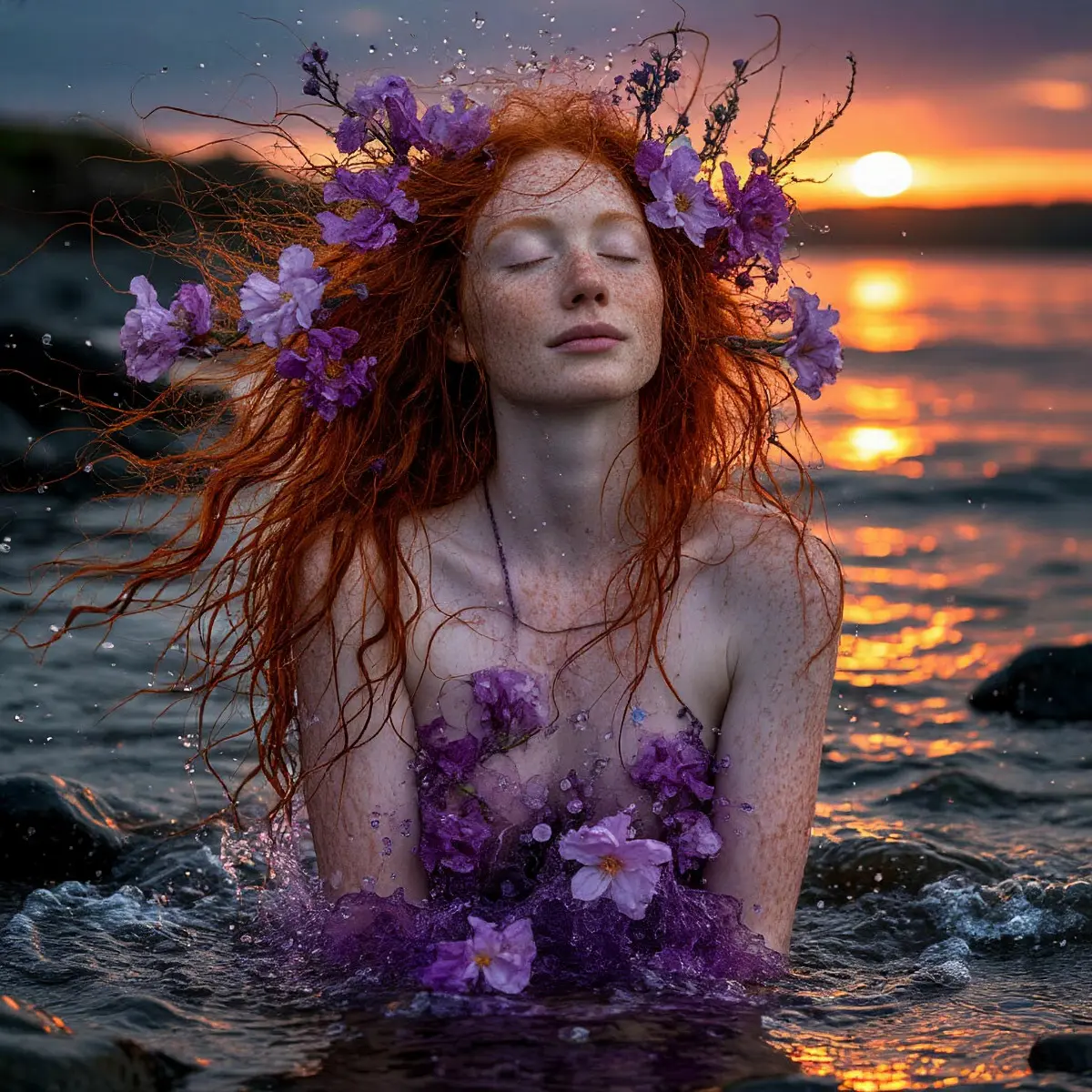 Вбиваю в нейросеть: Roversi, прерафаэлиты, Офелия, рыжие волосы, фиолетовые разводы, корабль, рыбы, пузырьки
Получается она.
Сначала плывет к останкам корабля. Потом выходит на берег. Садится рядом | Сетка — социальная сеть от hh.ru