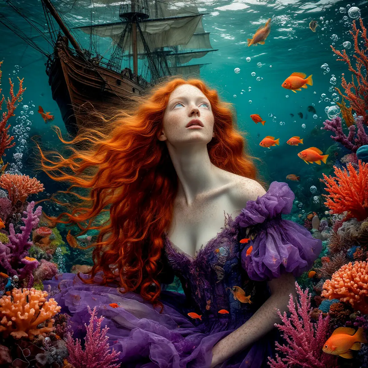 Вбиваю в нейросеть: Roversi, прерафаэлиты, Офелия, рыжие волосы, фиолетовые разводы, корабль, рыбы, пузырьки
Получается она.
Сначала плывет к останкам корабля. Потом выходит на берег. Садится рядом | Сетка — социальная сеть от hh.ru