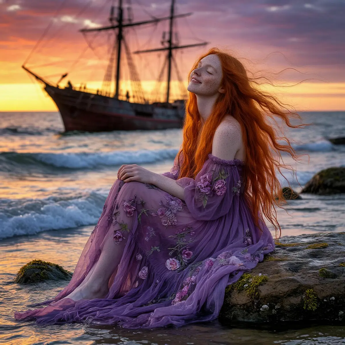 Вбиваю в нейросеть: Roversi, прерафаэлиты, Офелия, рыжие волосы, фиолетовые разводы, корабль, рыбы, пузырьки
Получается она.
Сначала плывет к останкам корабля. Потом выходит на берег. Садится рядом | Сетка — социальная сеть от hh.ru