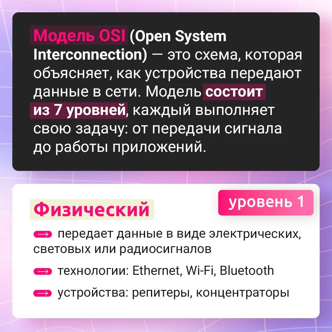 Как на самом деле работает интернет? 🌐
Чтобы объяснить, как данные перемещаются между устройствами, используют модель OSI — она разбивает весь процесс передачи информации на 7 уровней: от физического ... | Сетка — социальная сеть от hh.ru