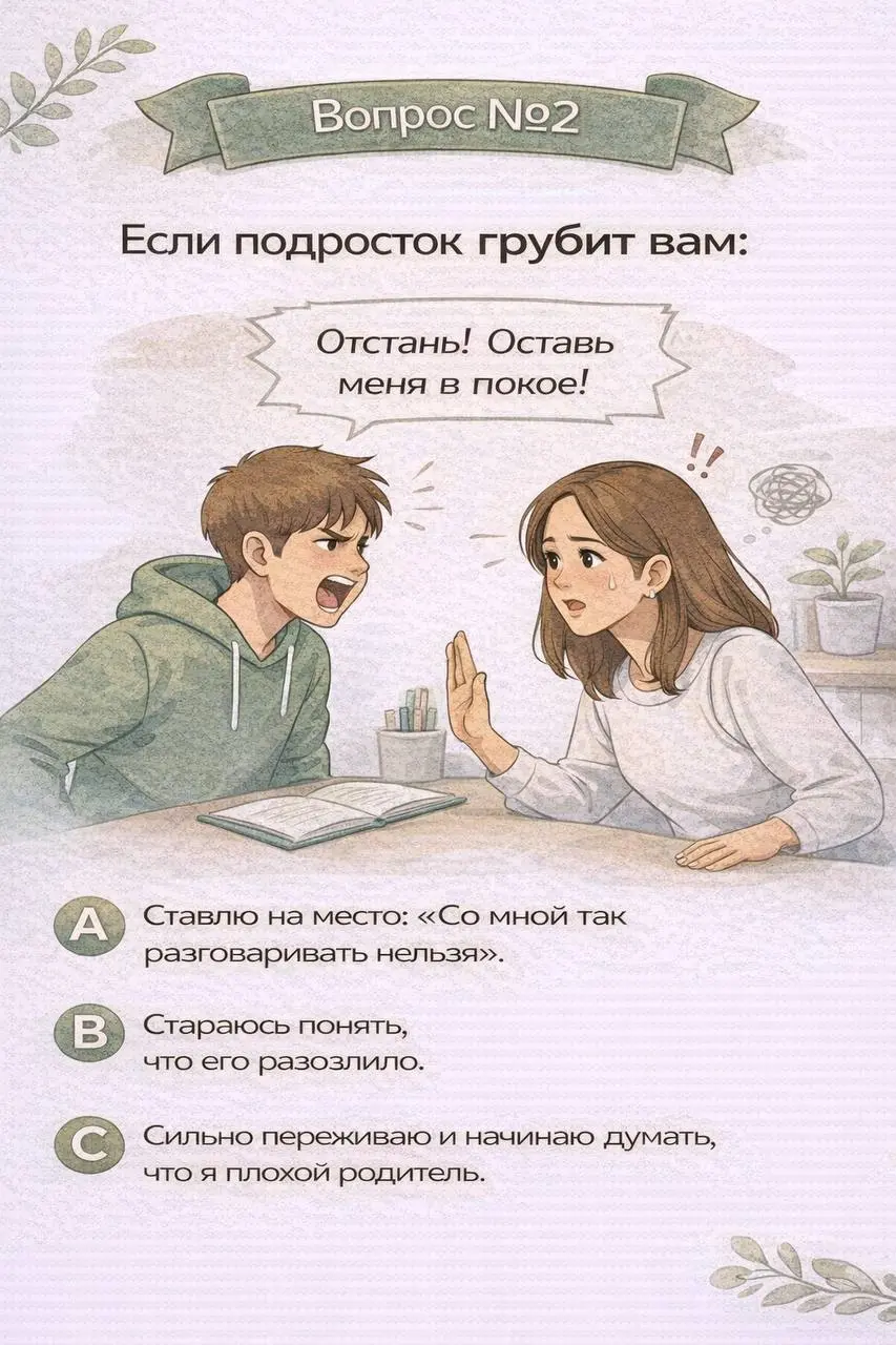 Вопрос №2
Подростковый возраст — это время сильных эмоций.
Иногда дети могут отвечать резко,
закатывать глаза,
говорить неприятные слова
или просто грубить | Сетка — социальная сеть от hh.ru
