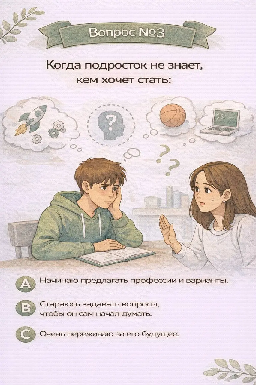 Вопрос №3
Один из самых тревожных моментов для родителей подростков —
когда ребёнок совсем не понимает, кем хочет стать | Сетка — социальная сеть от hh.ru