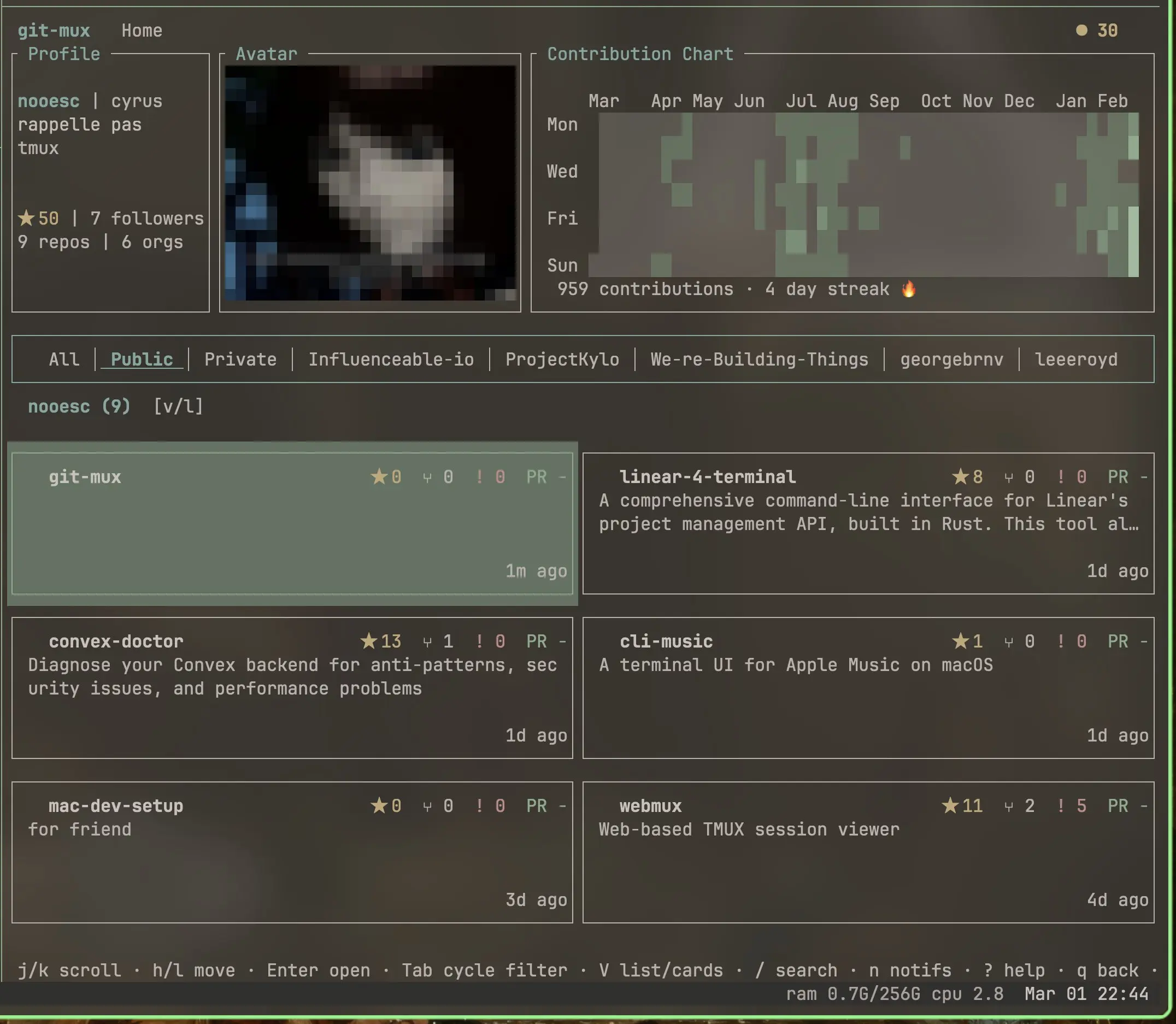 git-mux
Это терминальный пользовательский интерфейс для GitHub, позволяющий просматривать репозитории, историю коммитов, пул-реквесты, задачи, статус CI и статистику вкладов прямо из терминала | Сетка — социальная сеть от hh.ru