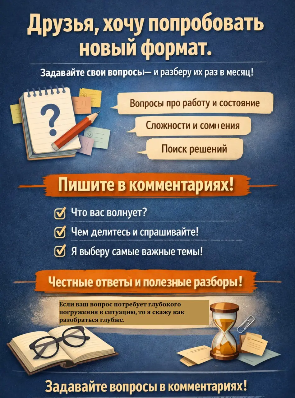 Друзья, Раз в месяц я разбираю здесь ваши вопросы — про работу, состояние, выбор, усталость, сомнения.
Всё то, о чём мы постоянно говорим на этом канале.
Правила простые | Сетка — социальная сеть от hh.ru