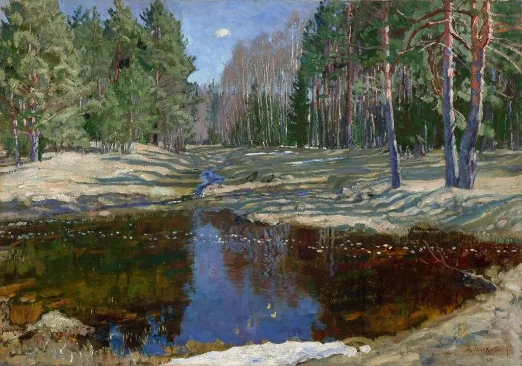 "Весна в лесу", 1918Станислав Юлианович Жуковский(1918)
Снег ещё лежит между деревьями, но лес уже просыпается | Сетка — социальная сеть от hh.ru