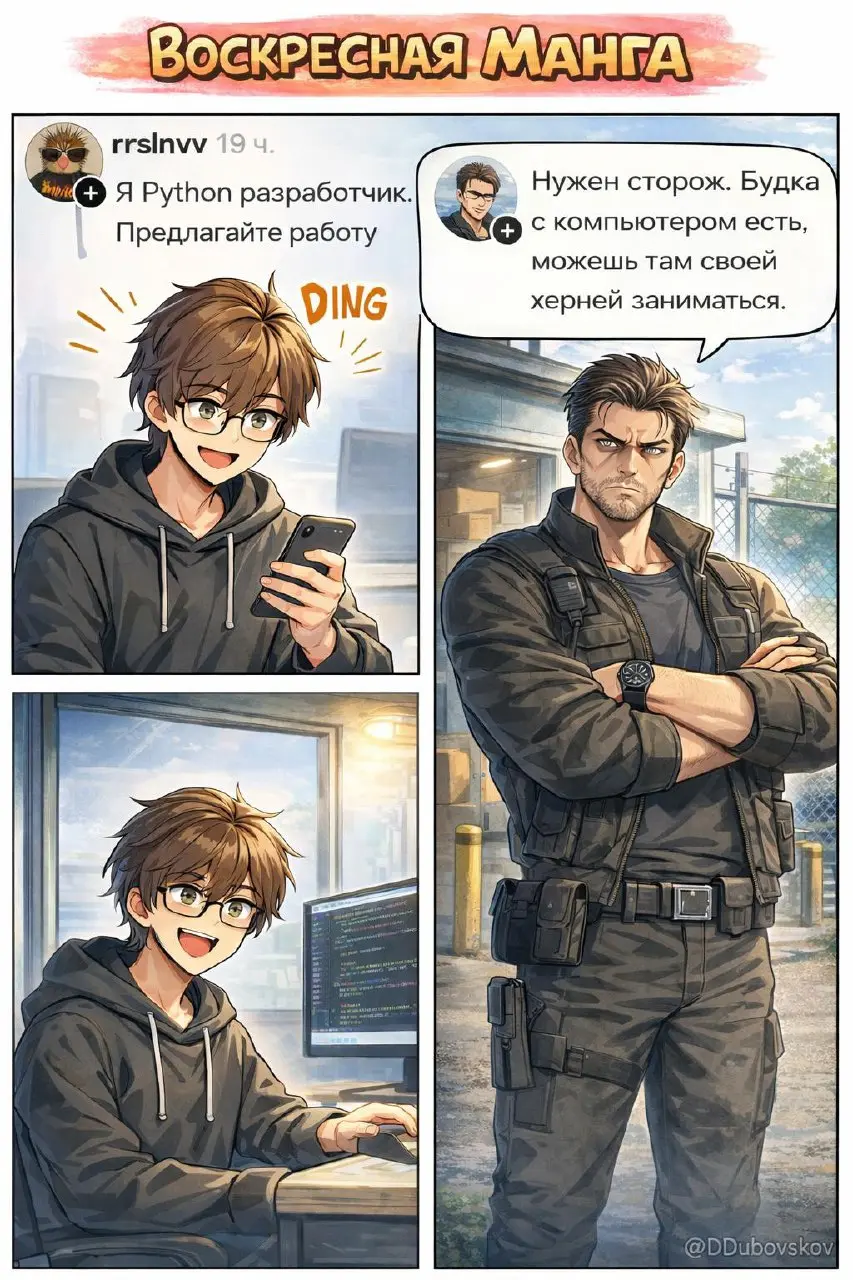 🤖 #СитуацияНаРынке2026
🍊 Рубрика: Воскресная манга
Сгенерировано через ИИ

есть безлимитный чай, отдельная будка и никаких дейли-митингов | Сетка — социальная сеть от hh.ru