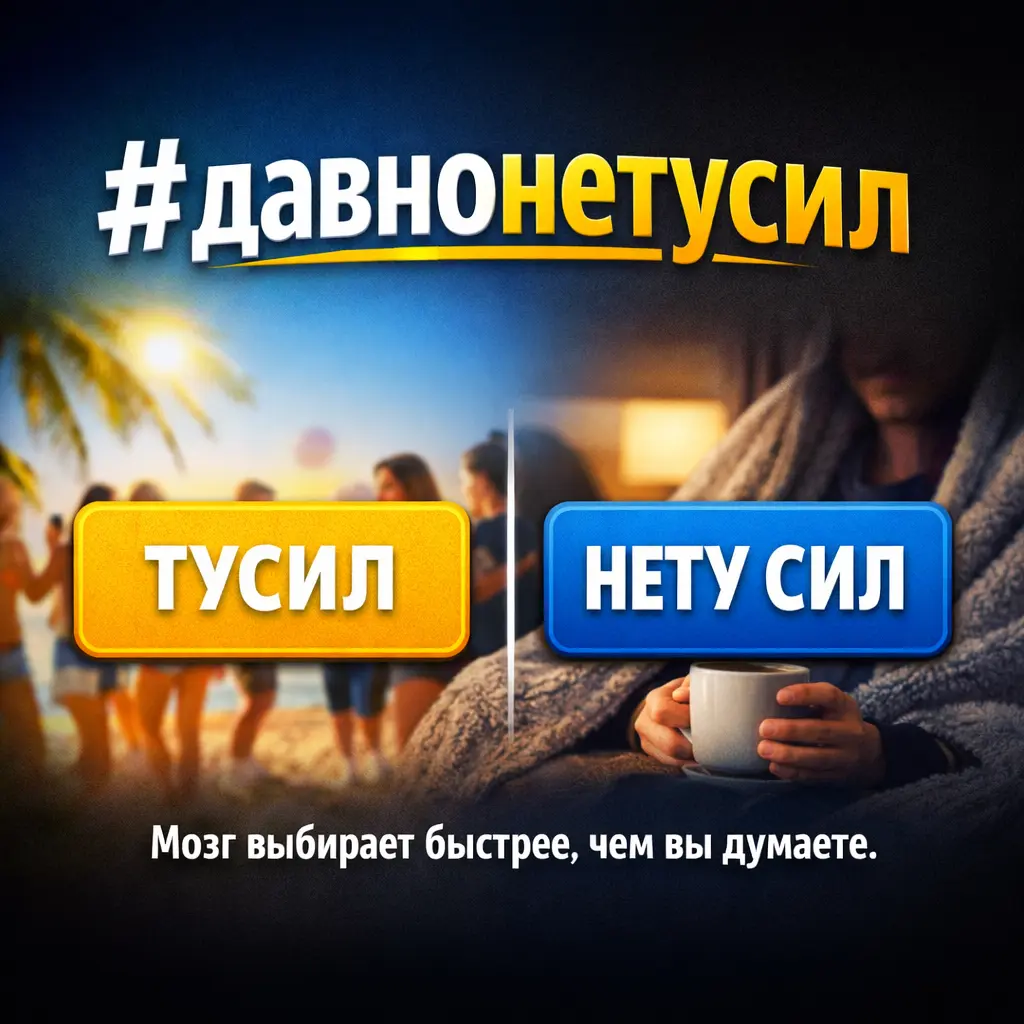 ​​#давнонетусил
Шуточный тест, который неожиданно многое показывает.
Просто посмотрите на этот хэштег.
И честно скажите себе —
как вы его прочитали?
Давно не ТУСИЛ
или
Давно НЕТУ сил
Не анализируйте | Сетка — социальная сеть от hh.ru