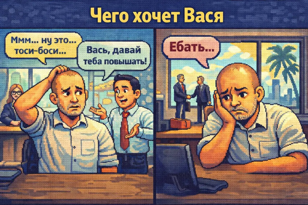Товарищи, я заметил новую моду…
Работники выгорают, даже толком не загоревшись. 🔥
Вот есть, например, Вася.
У Васи всё нормально: семья, работа, перспективы | Сетка — социальная сеть от hh.ru