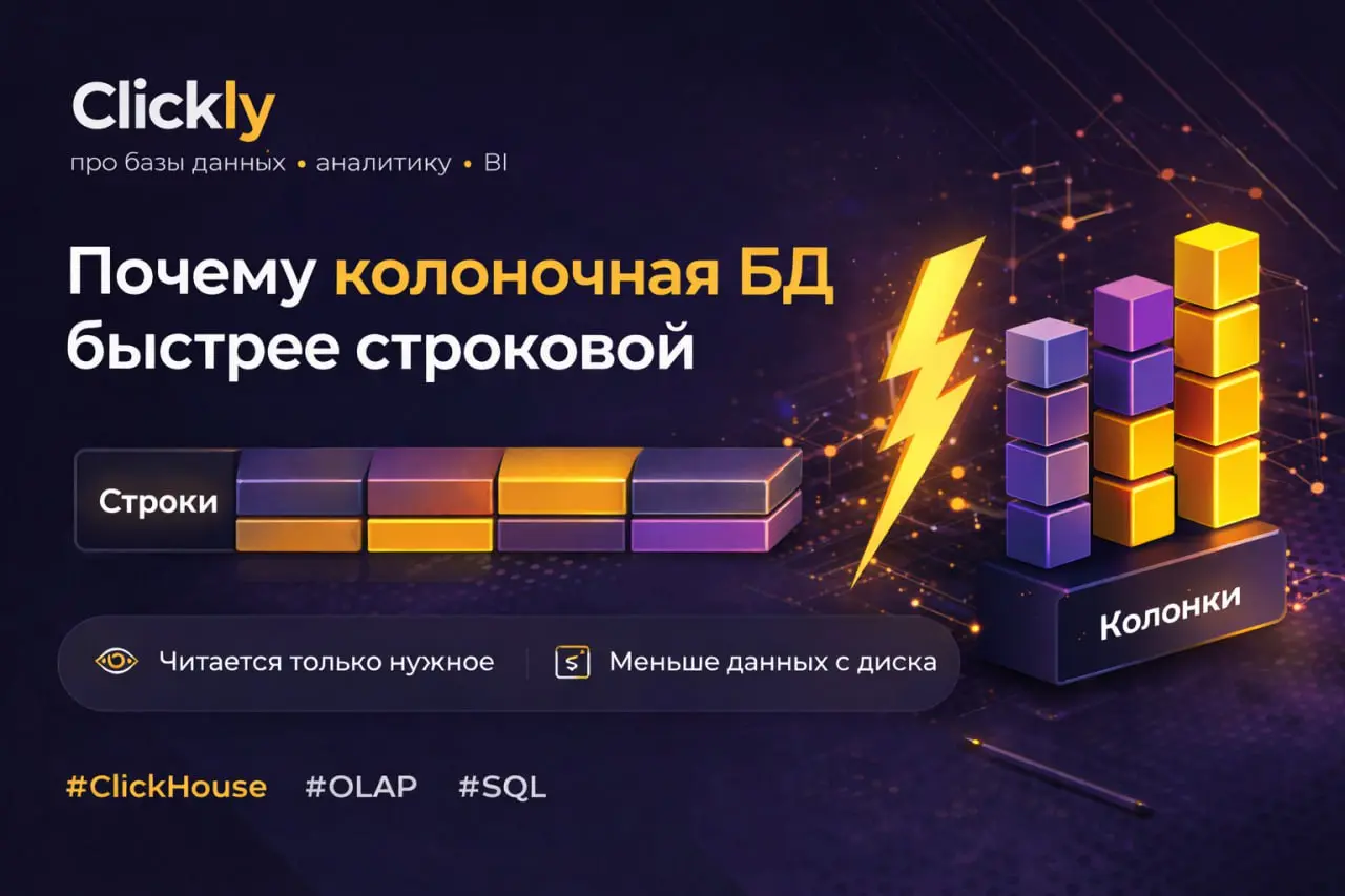 ⚡️ Почему колоночная БД быстрее строковой
Когда говорят, что ClickHouse быстрый, причина не только в «хорошей оптимизации».
Одна из главных причин — колоночное хранение данных | Сетка — социальная сеть от hh.ru
