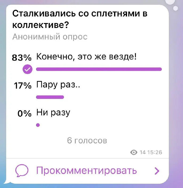 Почему ваши коллеги в офисе сплетничают?
83% людей проголосовали, что сталкивались со сплетнями, а 67% УВОЛЬНЯЛИСЬ ИЗ-ЗА КОНФЛИКТОВ НА РАБОТЕ!
Почему я решила уделить это теме особое внимания для обсу... | Сетка — социальная сеть от hh.ru