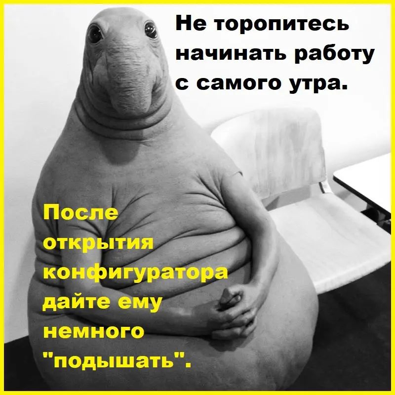 ☕️ Утренний ритуал 1Cника*
Конфигуратор должен впитать свет монитора. Дайте ему 10–15 минут, чтобы он молча обновил дерево метаданных и вспомнил, где вы последний раз поставили точку с запятой | Сетка — социальная сеть от hh.ru