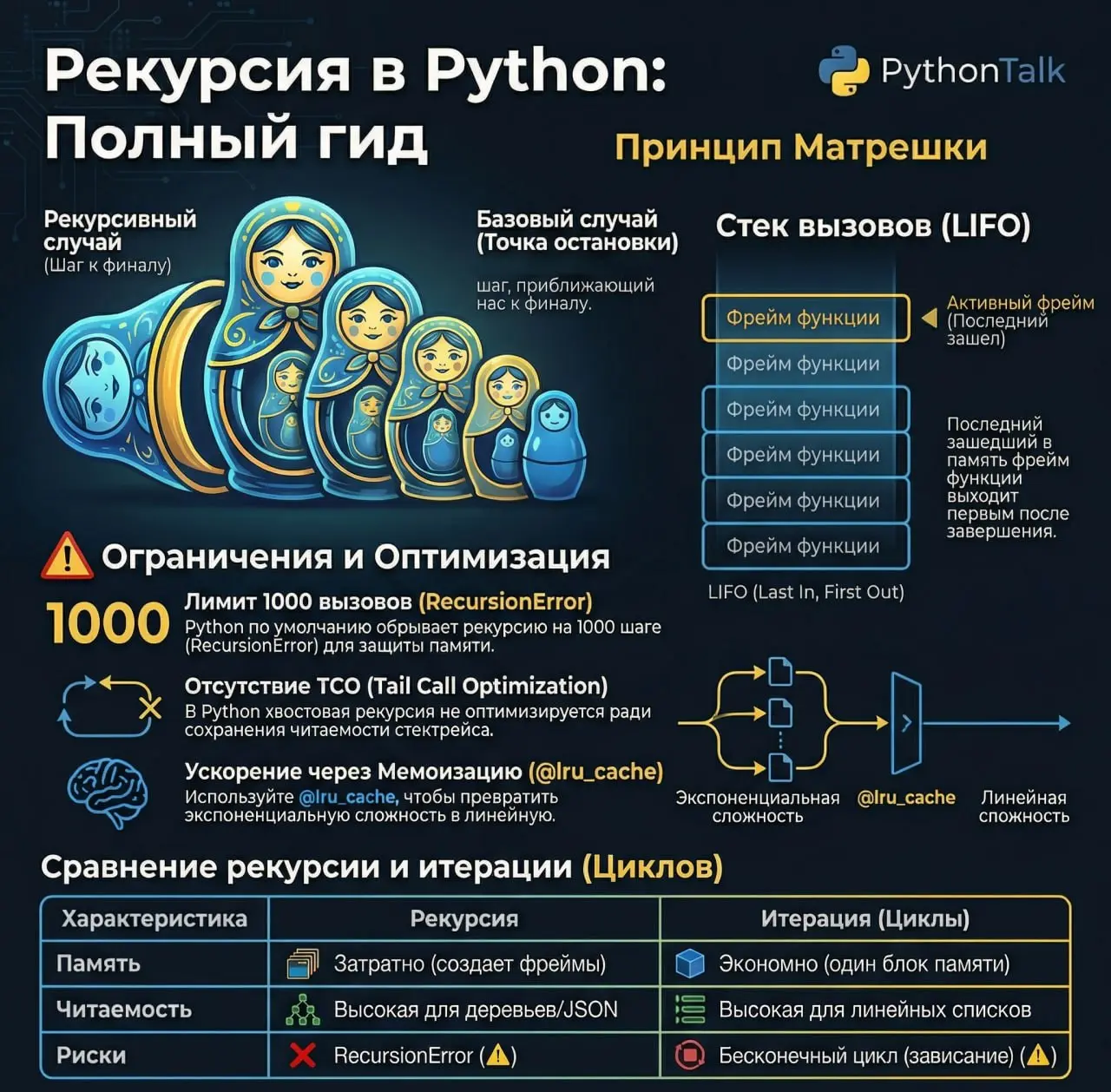 Рекурсия и почему Python её (не) любят 🌀
Если на собеседовании вас просят написать факториал или числа Фибоначчи через рекурсию — пишите. Но если вы часто ее используете в реальности.. | Сетка — социальная сеть от hh.ru