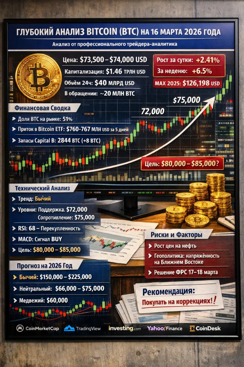 Глубокий анализ Bitcoin (BTC) на 16 марта 2026 года
#экономика #геополитика #нефть #золото #фондовыйрынок #рубль #криптовалюта #инвестиции #трейдинг #аналитика | Сетка — социальная сеть от hh.ru