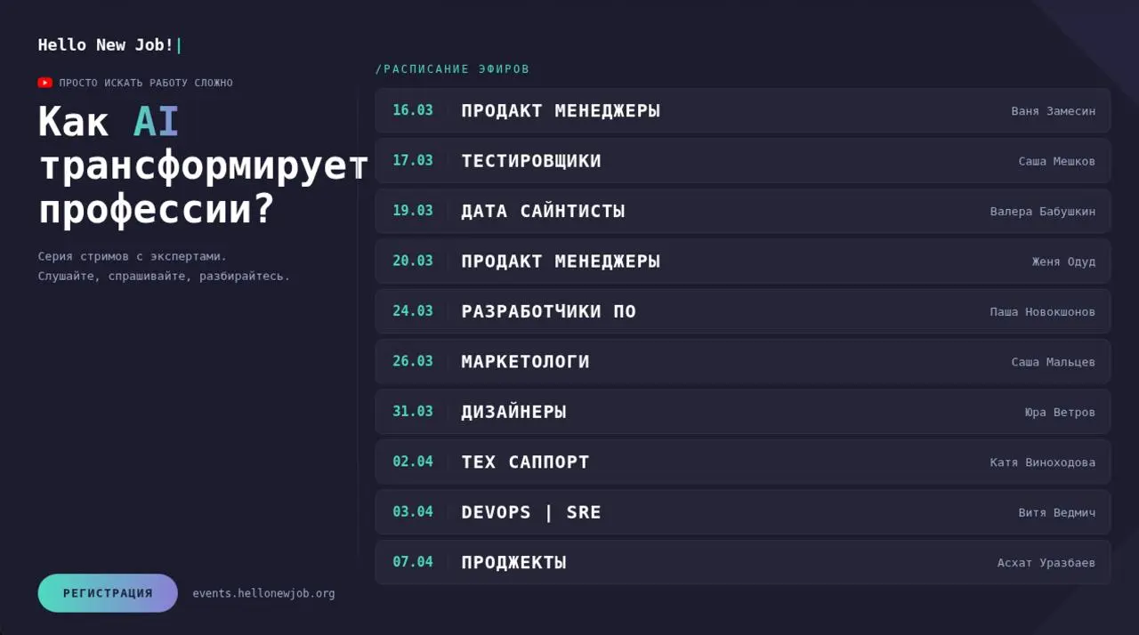 10 стримов про AI-трансформацию профессий
Я, конечно, немного сошла с ума. У меня сейчас по 4-5 стримов в неделю, как публичных, так и members only | Сетка — социальная сеть от hh.ru