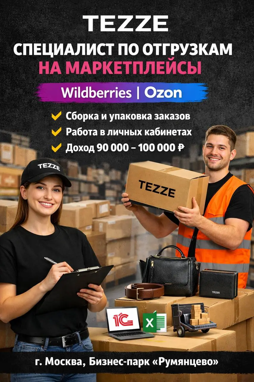 СПЕЦИАЛИСТ ПО ОТГРУЗКАМ НА МАРКЕТПЛЕЙСЫ
90 000₽ - 100 000₽
Tezze
• Москва, м. Румянцево, Бизнес-парк «Румянцево»
• Логистика
• @wberova
В этом посте были ссылки, но мы их удалили по правилам Сетки | Сетка — социальная сеть от hh.ru
