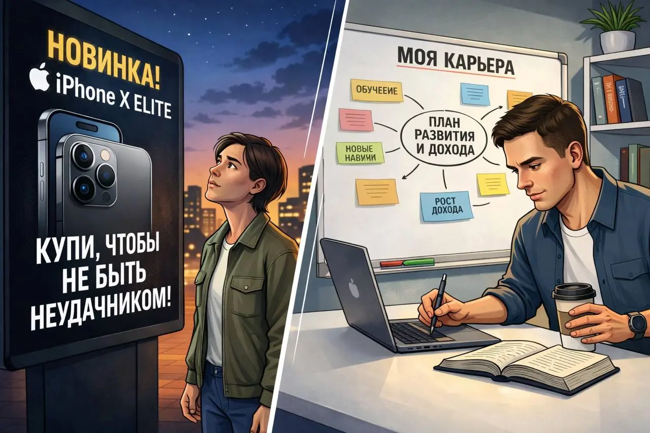 Ловушка статусных вещей или инвестиция в себя?
Современный мир — это бесконечный шум рекламных лозунгов.
Нам постоянно внушают: «Купи последнюю модель смартфона — и твоя жизнь изменится» | Сетка — социальная сеть от hh.ru
