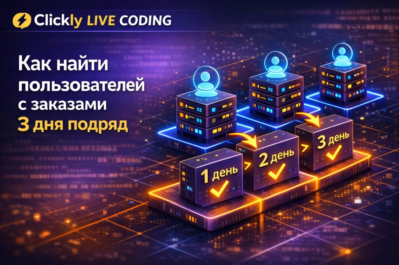🔥 Live Coding: найти пользователей с заказами 3 дня подряд
Задача:
Нужно найти userid пользователей, которые делали заказ 3 дня подряд | Сетка — социальная сеть от hh.ru