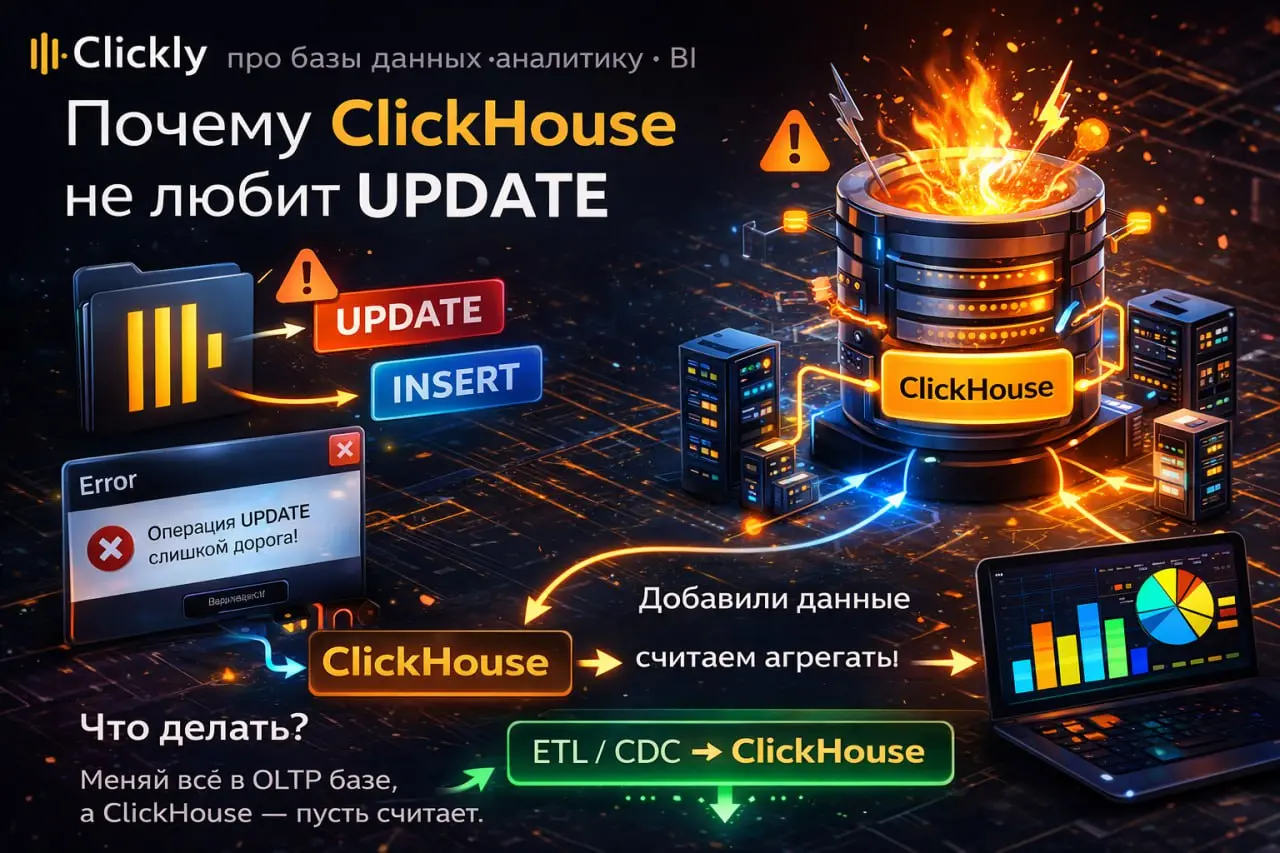 ⚠️ Почему ClickHouse не любит UPDATE
Одна из самых частых ошибок новичков —
пытаться использовать ClickHouse как обычную транзакционную БД | Сетка — социальная сеть от hh.ru