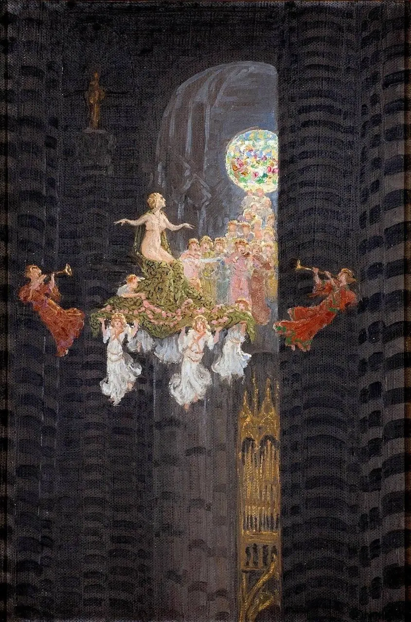 "Волшебная сказка"
Эдвард Окуня (1913)
Картина Эдварда Окуня относится к кругу произведений символизма начала XX века, во многом сформированного под влиянием объединения «Мир искусства» | Сетка — социальная сеть от hh.ru