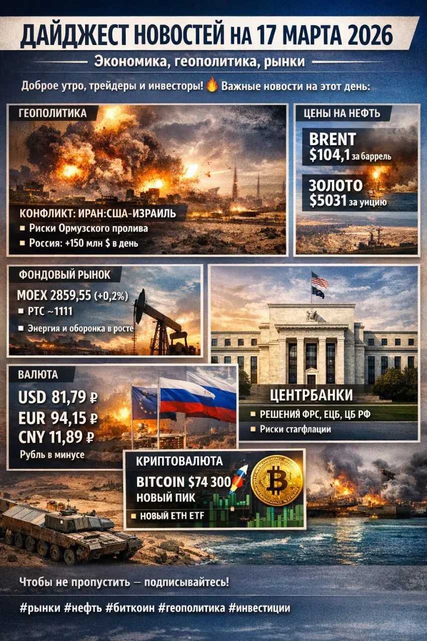 📰 ДАЙДЖЕСТ НОВОСТЕЙ НА 17 МАРТА 2026 | Экономика, геополитика, рынки
Доброе утро, трейдеры и инвесторы! 🔥 Сегодняшний обзор упакован для быстрого чтения в канале | Сетка — социальная сеть от hh.ru