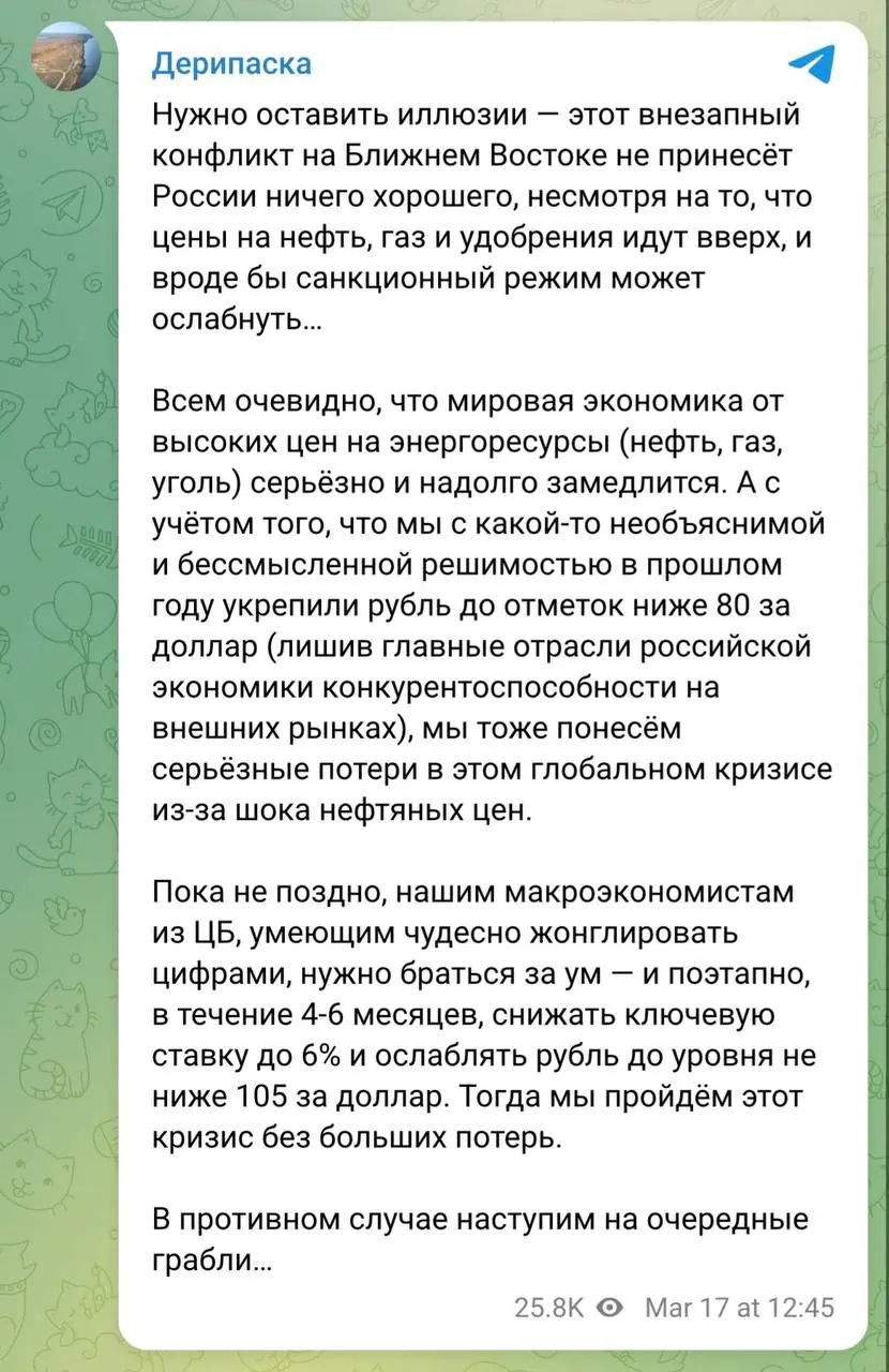 Для минимизации потерь от кризиса ЦБ нужно ослаблять рубль до 105 за доллар и снижать ключевую ставку до 6% в течение 6 месяцев, считает миллиардер Дерипаска. | Сетка — социальная сеть от hh.ru