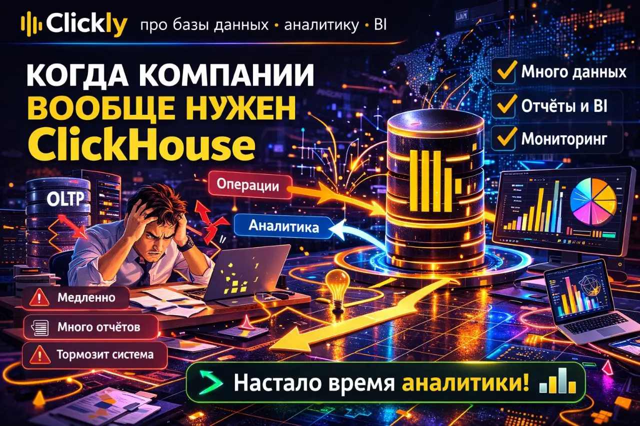 🚀 Когда компании вообще нужен ClickHouse
🔥 Главная мысль
ClickHouse обычно появляется не потому, что “все его хвалят”.
А потому что в какой-то момент старая схема перестаёт справляться с аналитикой | Сетка — социальная сеть от hh.ru