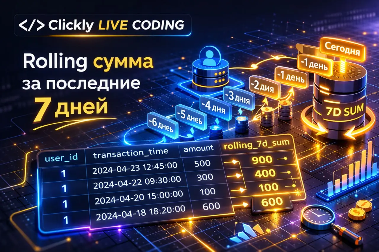🔥 Live Coding: rolling сумма за последние 7 дней
Задача:
Есть таблица transactions:
• userid
• transactiontime
• amount
Нужно для каждой транзакции посчитать сумму amount пользователя за последние 7 д... | Сетка — социальная сеть от hh.ru