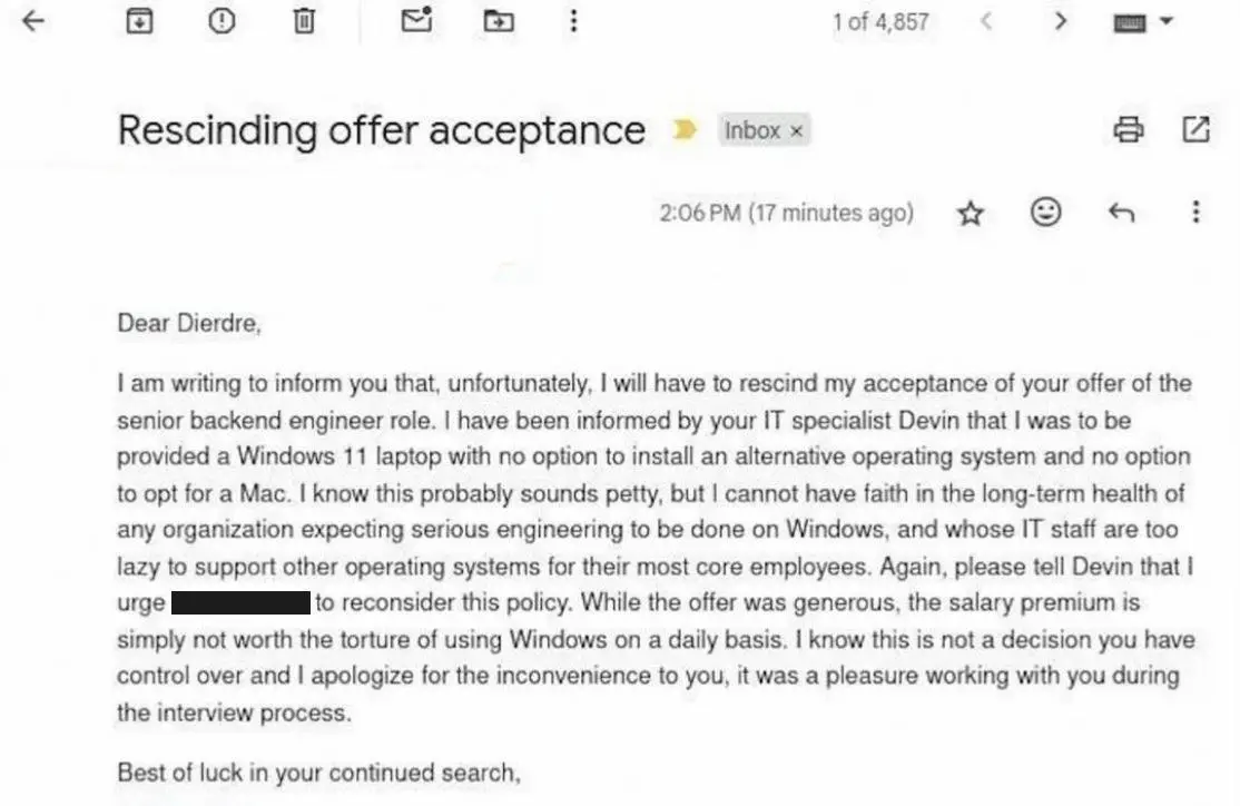 Мужик из США отказался от работы из-за Windows
Парню сказали что для работы ему выдадут ноутбук на винде. Поменять на макбук нельзя — не разрешили | Сетка — социальная сеть от hh.ru