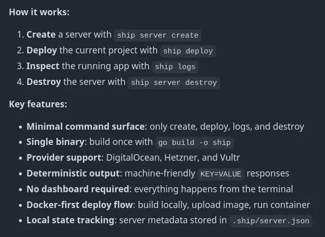 ⚡️ Лёгкий CLI-инструмент для управления инфраструктурой
Ship - минималистичный инструмент для работы с инфраструктурой: можно создавать серверы, деплоить приложения, смотреть логи и удалять инфраструк... | Сетка — социальная сеть от hh.ru