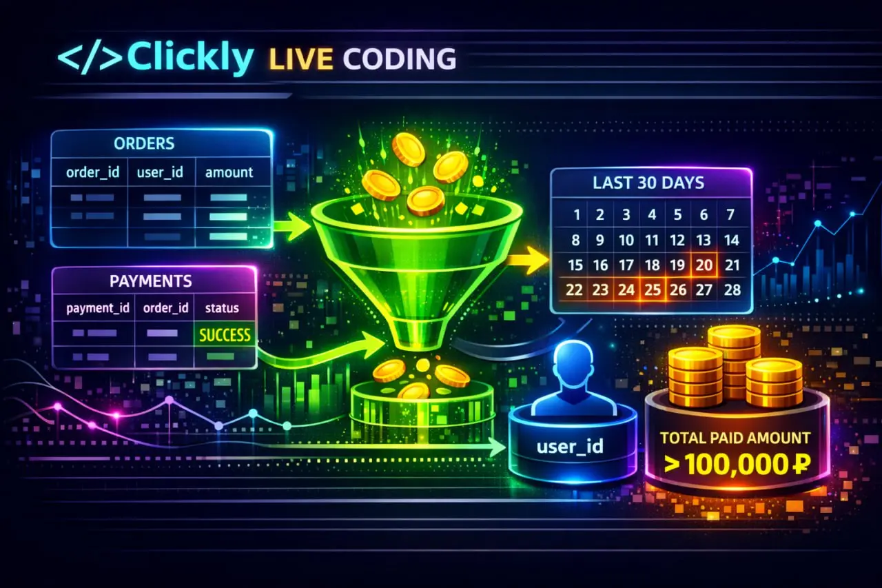 🔥 Live Coding: пользователи с оплаченной суммой > 100000 за 30 дней
Задача:
Есть 2 таблицы:
orders
• orderid
• userid
• ordertime
• amount
payments
• paymentid
• orderid
• paymenttime
• status
Нужно н... | Сетка — социальная сеть от hh.ru