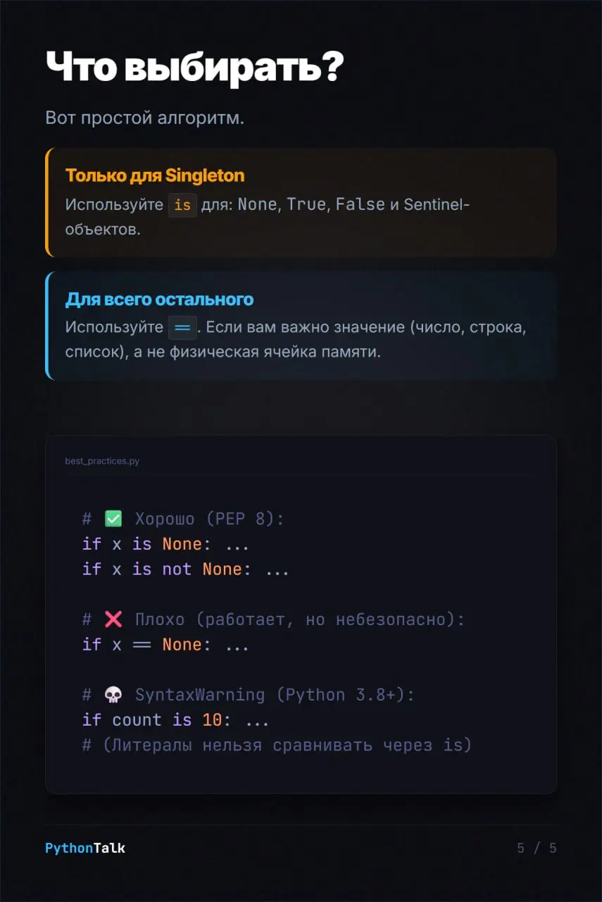== и is в Python. В чём разница?
В карточках читайте о разнице между равенством и идентичностью и как интернирование может вас обмануть 🧠
#двастула | Сетка — социальная сеть от hh.ru