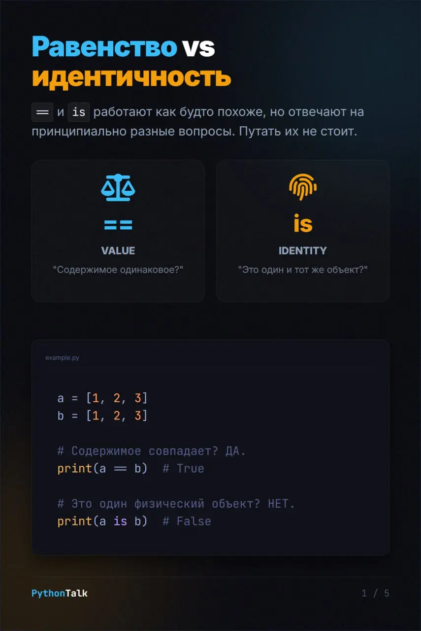 == и is в Python. В чём разница?
В карточках читайте о разнице между равенством и идентичностью и как интернирование может вас обмануть 🧠
#двастула | Сетка — социальная сеть от hh.ru