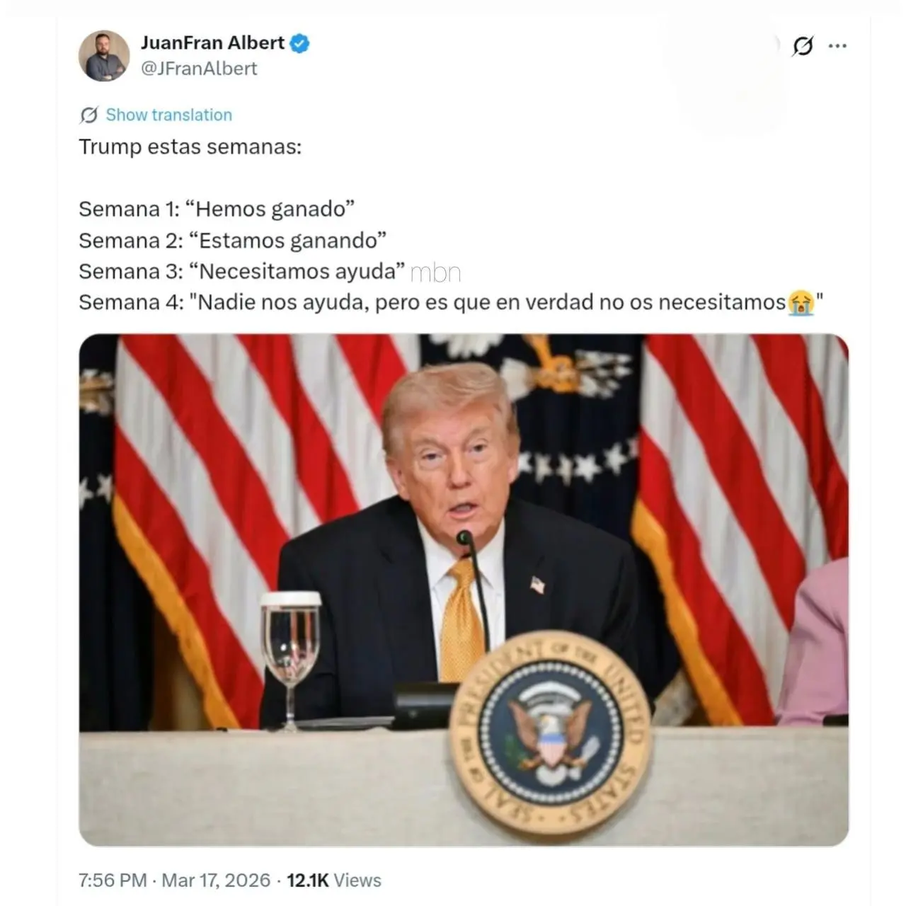Трамп с каждой неделей становится все более отчаянным
❗️Первая неделя: «Мы выиграли»
❗️Вторая неделя: «Мы выигрываем»
❗️Третья неделя: «Нам нужна помощь»
❗️Четвертая неделя: «Никто нам не помогает, но... | Сетка — социальная сеть от hh.ru